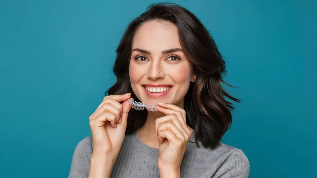 Smiling woman holding Invisalign clear aligners in front of a blue background, showing modern orthodontic treatment option in Fairfield
