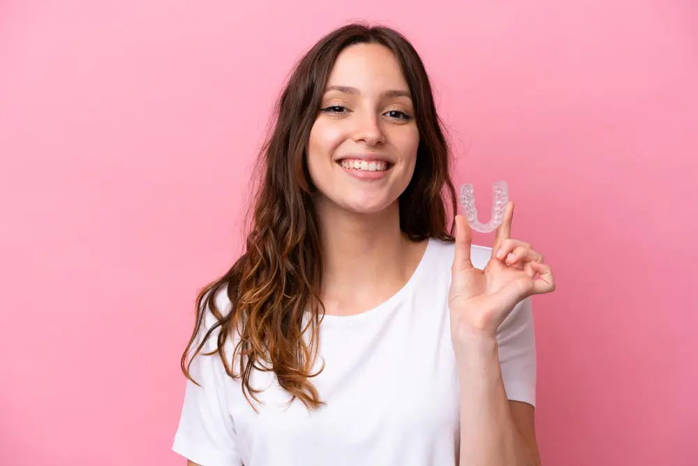 Teenager holding Invisalign clear aligners for orthodontic treatment in Fairfield CA